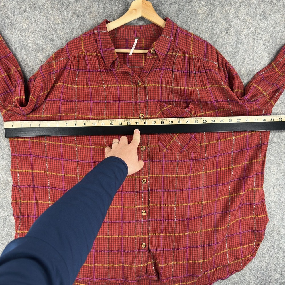 Free People Break My Stride Button Up Shirt Womens Large Red Plaid Long Sleeve - Picture 7 of 15